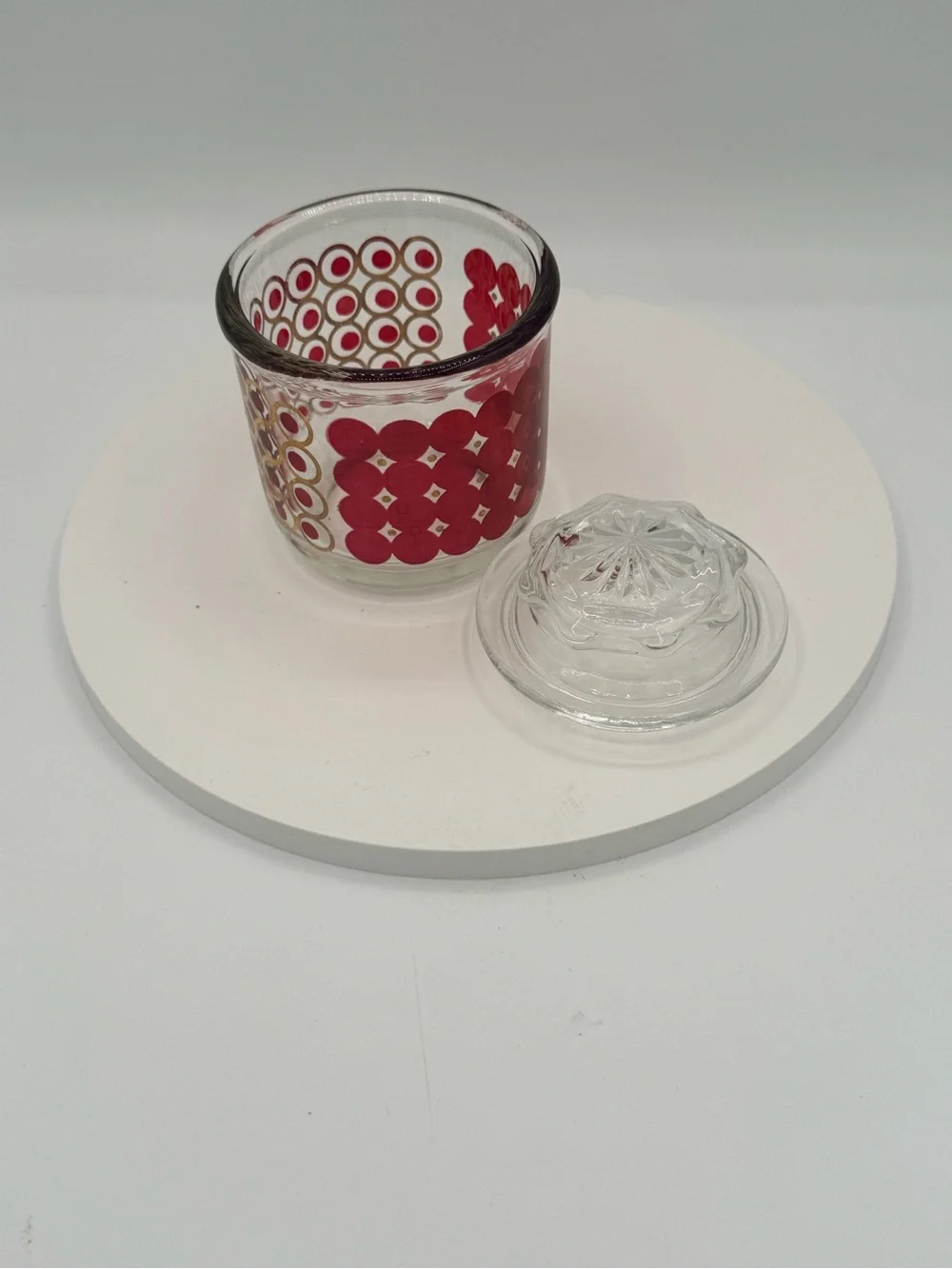 Vtg MCM Jeannette Glass Atomic Red Gold Jar Lid